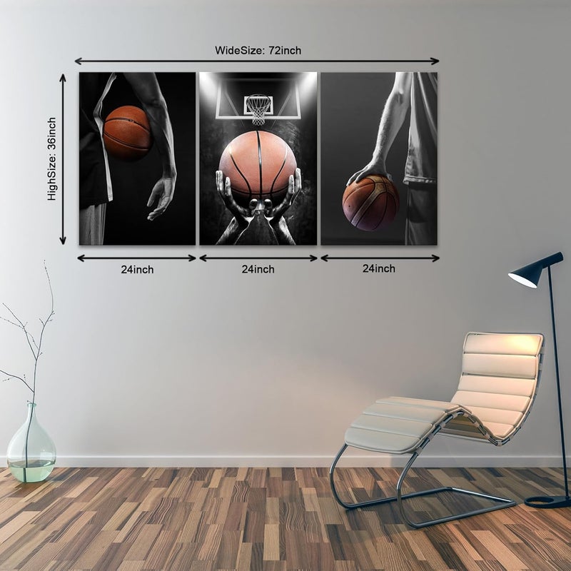 KAWAHONE -3 Pieces Basketball Art Prints Black and White Wall Art Antique Basketball and Low Angle View Basketball Hoop Sport Canvas Art for Bedroom Gym Room Decoration Boys Gift - Image 3