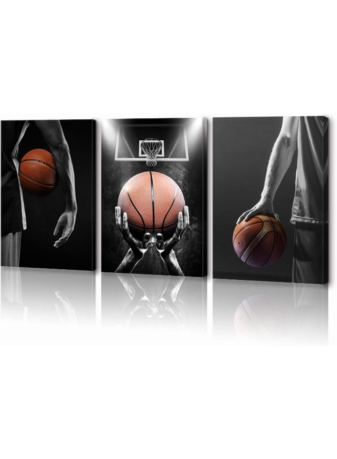 KAWAHONE -3 Pieces Basketball Art Prints Black and White Wall Art Antique Basketball and Low Angle View Basketball Hoop Sport Canvas Art for Bedroom Gym Room Decoration Boys Gift - Image 1