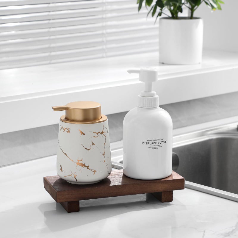 zoocatia Small Wood Tray Pedestal Stand Farmhouse Bathroom Decor Decorative Wooden Riser Kitchen Soap Dish Holder for Vanity, Counter, Sink, Large 11.8" x 7" - Walnut - Image 3