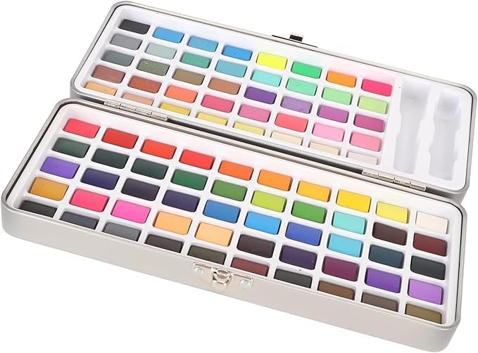 LEROKAS Solid Pigment Watercolor Paints Set With Water Color Portable Brush Pen Professional Painting Art Supplies Metal Box 90 colors