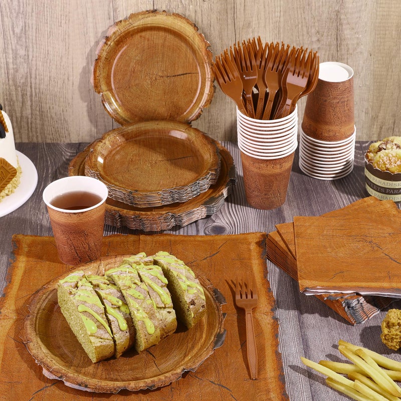 Kochorie 400 Pieces Wood Grain Slice Disposable Party Tableware Sets Rustic Wood Party Supplies Including Plates Cups Napkins Cutlery Serves 50 for Camping Birthday Forest Themed Party Decorations - Image 4