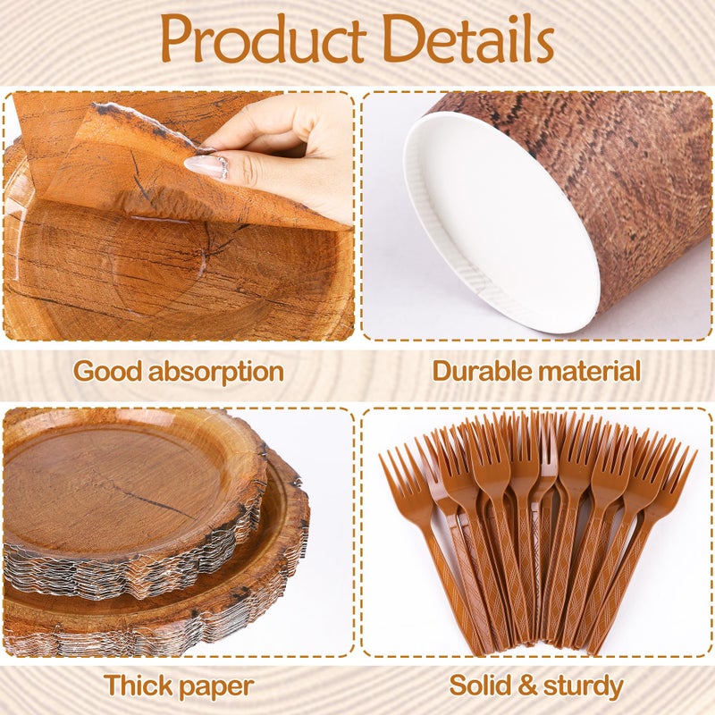 Kochorie 400 Pieces Wood Grain Slice Disposable Party Tableware Sets Rustic Wood Party Supplies Including Plates Cups Napkins Cutlery Serves 50 for Camping Birthday Forest Themed Party Decorations - Image 3