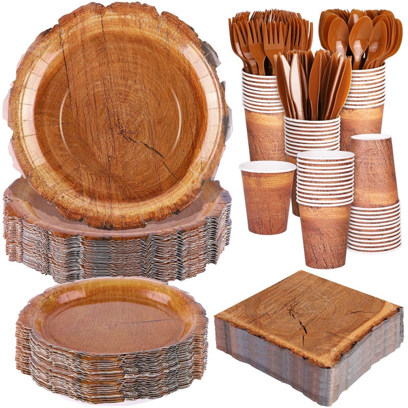 Kochorie 400 Pieces Wood Grain Slice Disposable Party Tableware Sets Rustic Wood Party Supplies Including Plates Cups Napkins Cutlery Serves 50 for Camping Birthday Forest Themed Party Decorations - Image 1