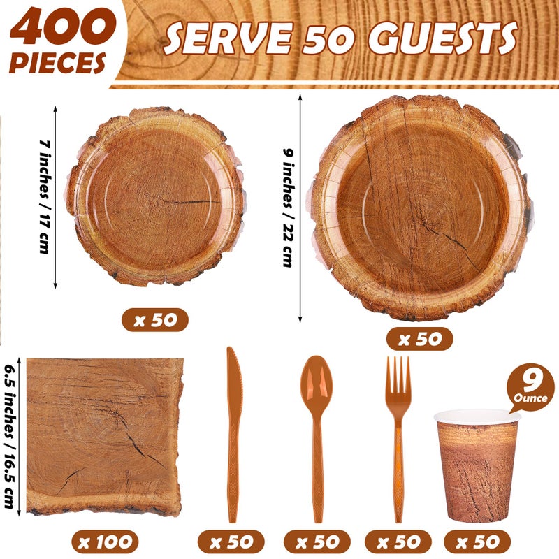 Kochorie 400 Pieces Wood Grain Slice Disposable Party Tableware Sets Rustic Wood Party Supplies Including Plates Cups Napkins Cutlery Serves 50 for Camping Birthday Forest Themed Party Decorations - Image 2