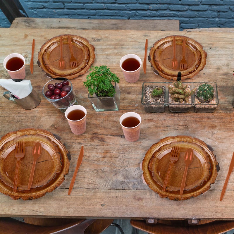 Kochorie 400 Pieces Wood Grain Slice Disposable Party Tableware Sets Rustic Wood Party Supplies Including Plates Cups Napkins Cutlery Serves 50 for Camping Birthday Forest Themed Party Decorations - Image 5