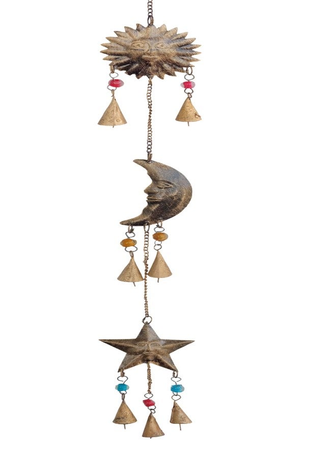 Mie Creations Sun Moon Star Face Wall Hanging Décor Chime Bells | Metal Cutouts Ornaments, Crescent Moon Phases Garland Art | Celestial, Earthy Decorations | Wicca Pagan Christmas Décor -Antique Gold - Image 1