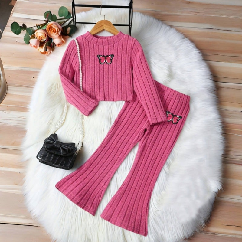 Cross-border foreign trade INS girls autumn long sleeve T-shirt suit scratch wool warm bell pants spring and autumn, suitable for 1-8 years old Suit - Image 1