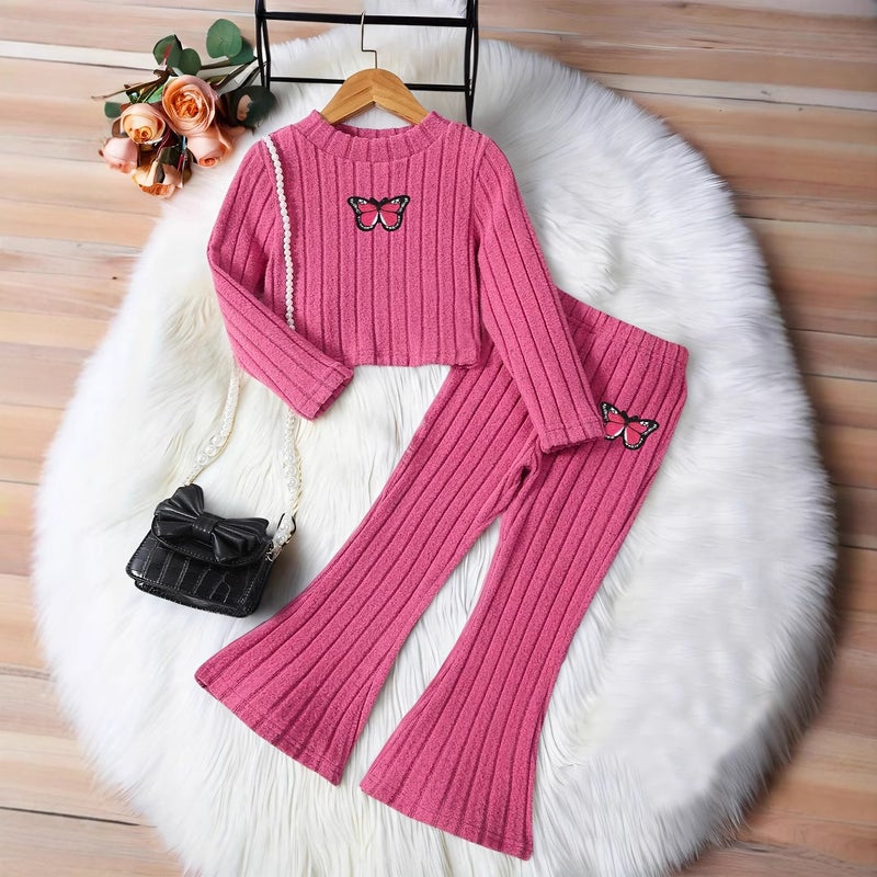 Cross-border foreign trade INS girls autumn long sleeve T-shirt suit scratch wool warm bell pants spring and autumn, suitable for 1-8 years old Suit - Image 2