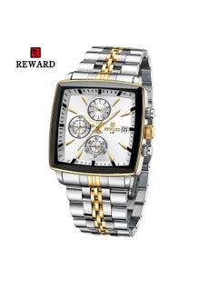 REWARD Quartz Mens Watch, Waterproof Luminous Sport Watch, Comfortable Stainless Steel Chronograph Wristwatch, Lightweight And Durable Business Watch, (1pc, Silver And Gold)  - Image 1