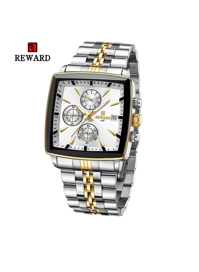 REWARD Quartz Mens Watch, Waterproof Luminous Sport Watch, Comfortable Stainless Steel Chronograph Wristwatch, Lightweight And Durable Business Watch, (1pc, Silver And Gold) - Image 1