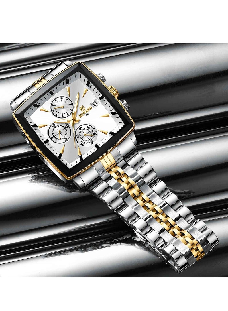 REWARD Quartz Mens Watch, Waterproof Luminous Sport Watch, Comfortable Stainless Steel Chronograph Wristwatch, Lightweight And Durable Business Watch, (1pc, Silver And Gold) - Image 2