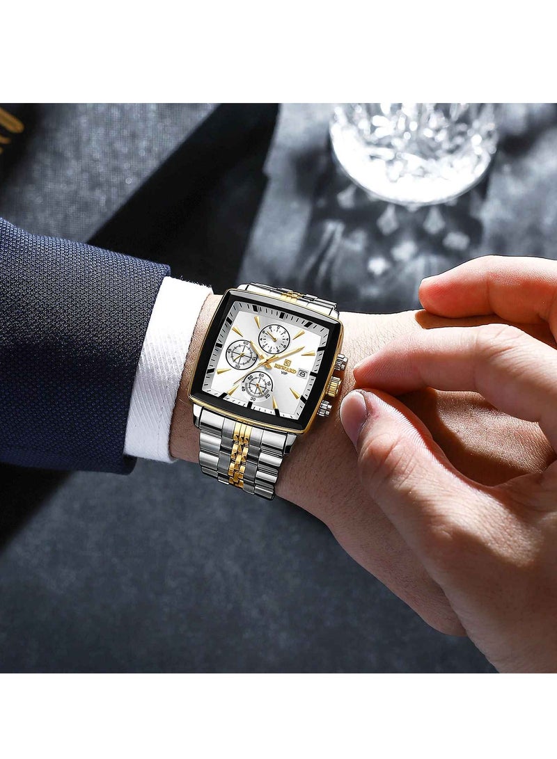 REWARD Quartz Mens Watch, Waterproof Luminous Sport Watch, Comfortable Stainless Steel Chronograph Wristwatch, Lightweight And Durable Business Watch, (1pc, Silver And Gold) - Image 3