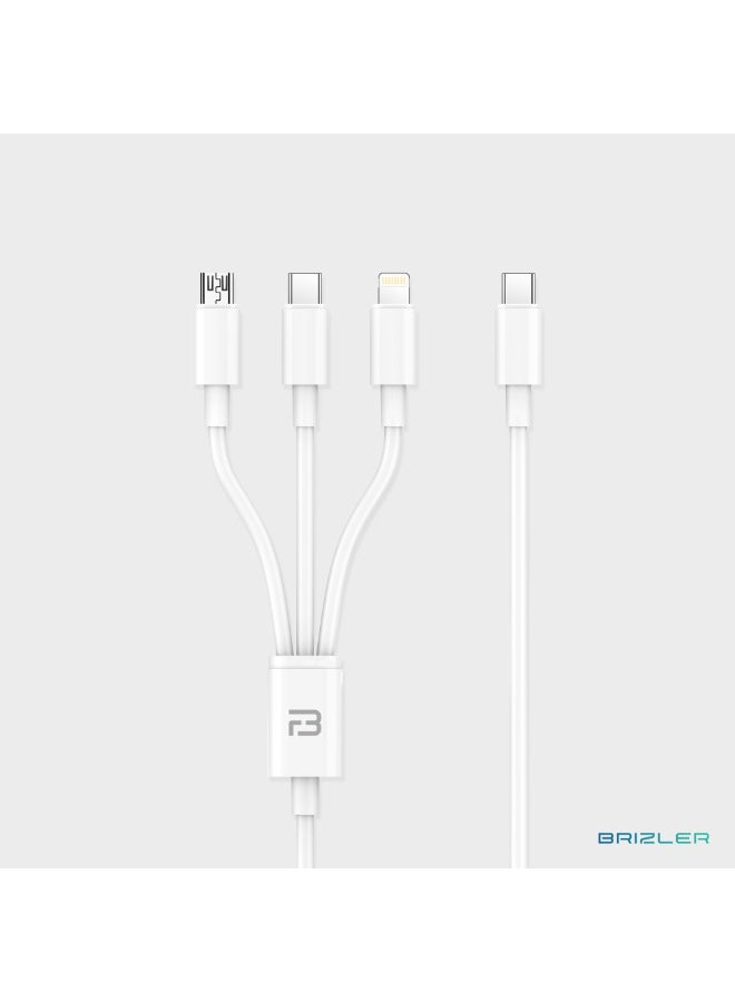 BRIZLER 3-in-1 Fast Charging Cable 3A Max Output Tangle-Free 1.2m Data Sync Cord for Type-C, Micro USB & Lightning Devices- White - Image 1