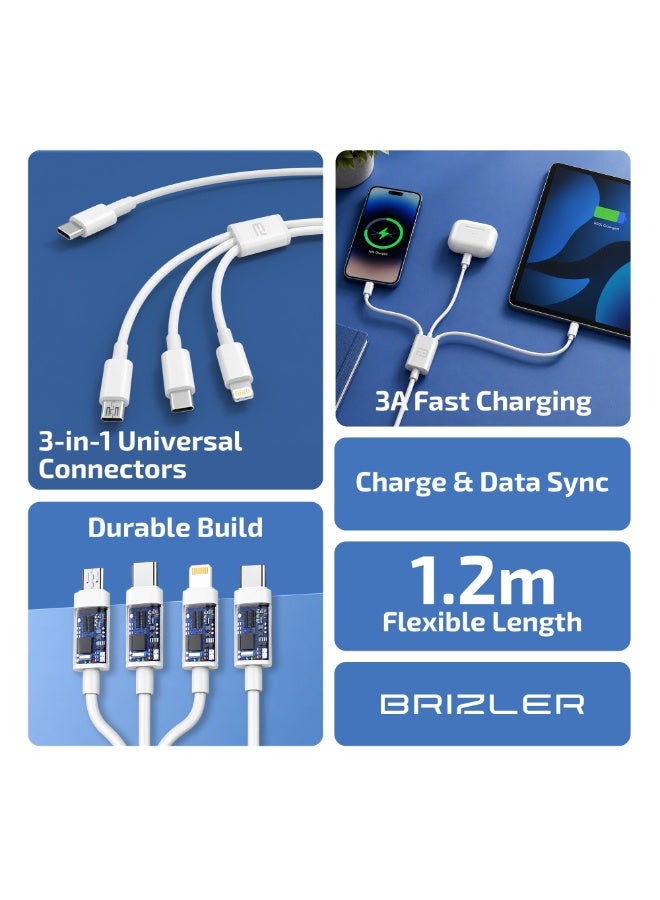 BRIZLER 3-in-1 Fast Charging Cable 3A Max Output Tangle-Free 1.2m Data Sync Cord for Type-C, Micro USB & Lightning Devices- White - Image 2