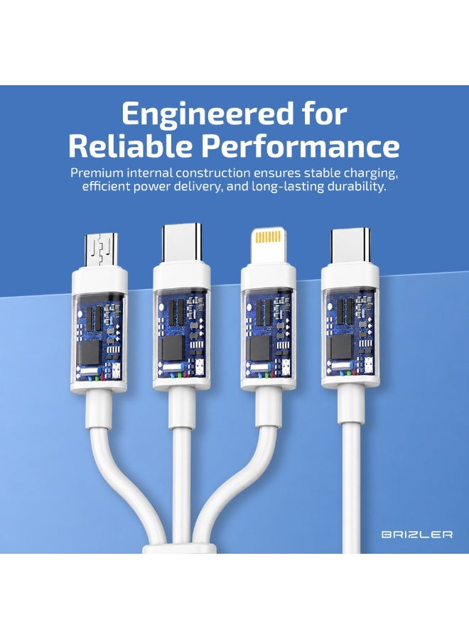 BRIZLER 3-in-1 Fast Charging Cable 3A Max Output Tangle-Free 1.2m Data Sync Cord for Type-C, Micro USB & Lightning Devices- White - Image 3