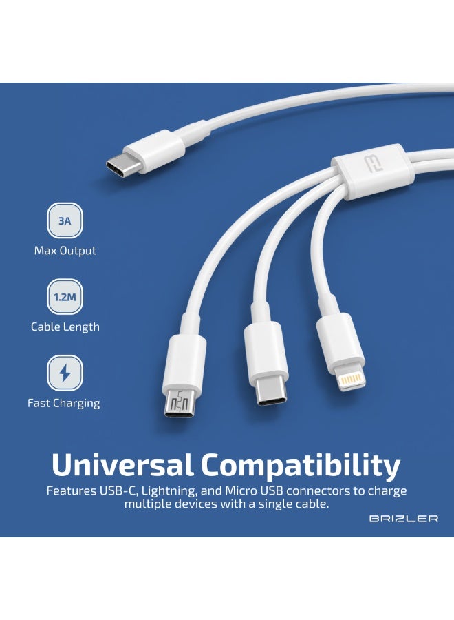 BRIZLER 3-in-1 Fast Charging Cable 3A Max Output Tangle-Free 1.2m Data Sync Cord for Type-C, Micro USB & Lightning Devices- White - Image 4