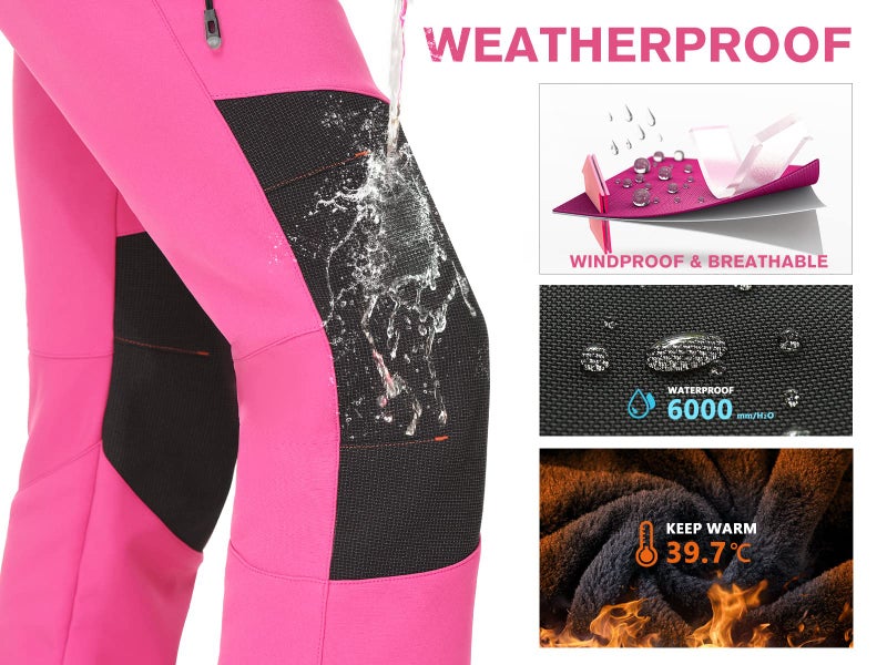 IUGA Snow Pants Womens Ski Hiking Pants Waterproof Outdoor Insulated Softshell Winter Fleece Lined Snowboard Pants 4 Pockets Pink - Image 2