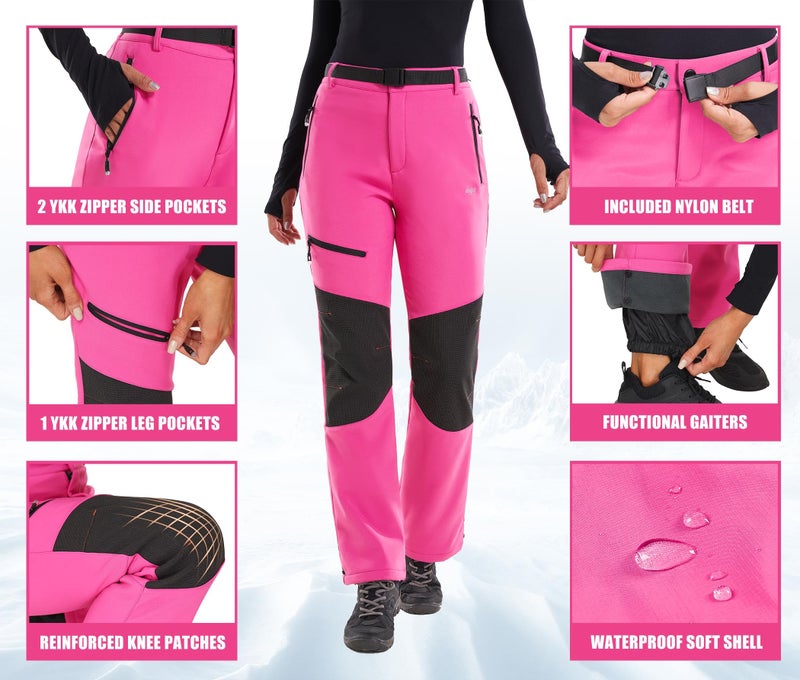 IUGA Snow Pants Womens Ski Hiking Pants Waterproof Outdoor Insulated Softshell Winter Fleece Lined Snowboard Pants 4 Pockets Pink - Image 4