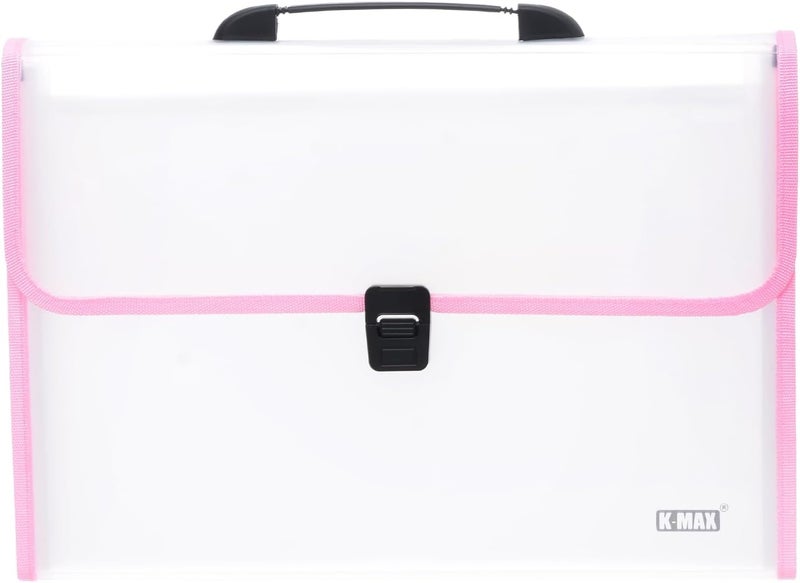 File Folder Expanding 13-Pocket A4 Accordion Organizer, Letter Size Document Wallets with Handle and Lock – Big Size Paper Filing Folder for School, Office, Home Stationery (Transparent Pink) - Image 1