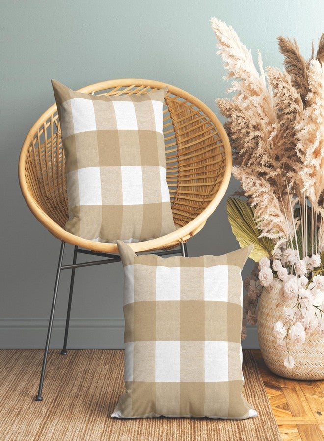 Encasa XO Farmhouse Throw Pillow Covers Set of 2 18x18 in Buffalo Beige Checks | Decorative Cushion Covers No Inserts | Plaid and Stripes Pillow Covers for Living Room, Couch - Image 1