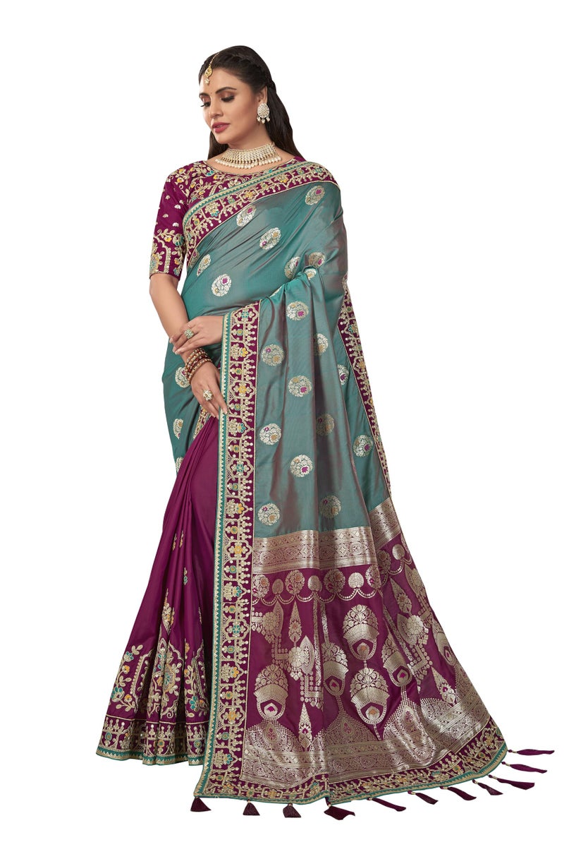MANOHARI Banarasi Silk Traditional Hlaf & Half Multi color saree for women with Unstitch Heavy Blouse Piece-1875-1 - Image 1