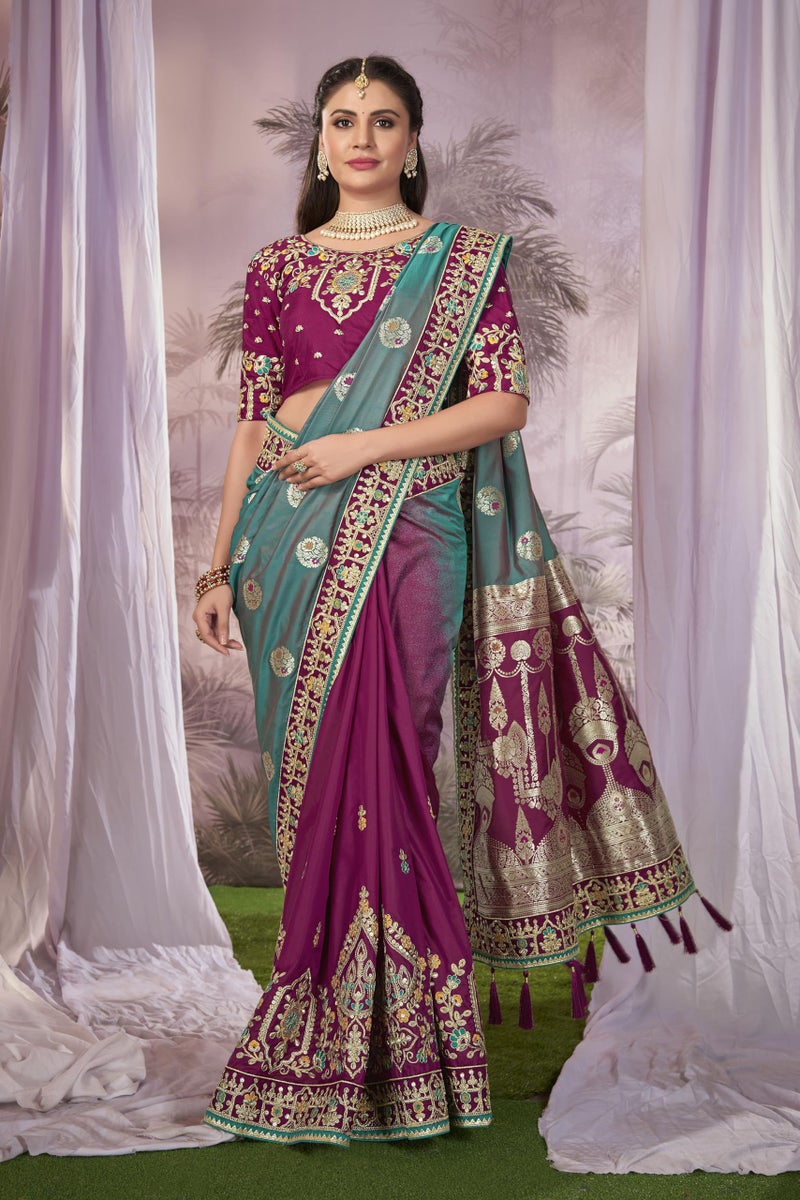 MANOHARI Banarasi Silk Traditional Hlaf & Half Multi color saree for women with Unstitch Heavy Blouse Piece-1875-1 - Image 2