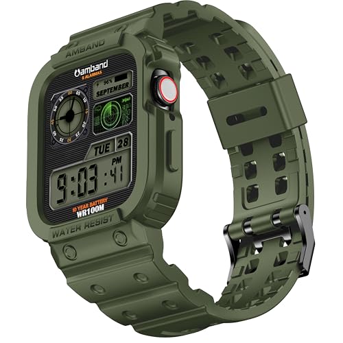 amBand Compatible with Apple Watch Band 45mm 44mm 42mm with Bumper Case, Rugged Men Bands for iWatch SE(3/2/1) Series 9 8 7 6 5 4 3 2 1, Sport Military Protective Cases Drop-proof Shockproof Green - Image 1