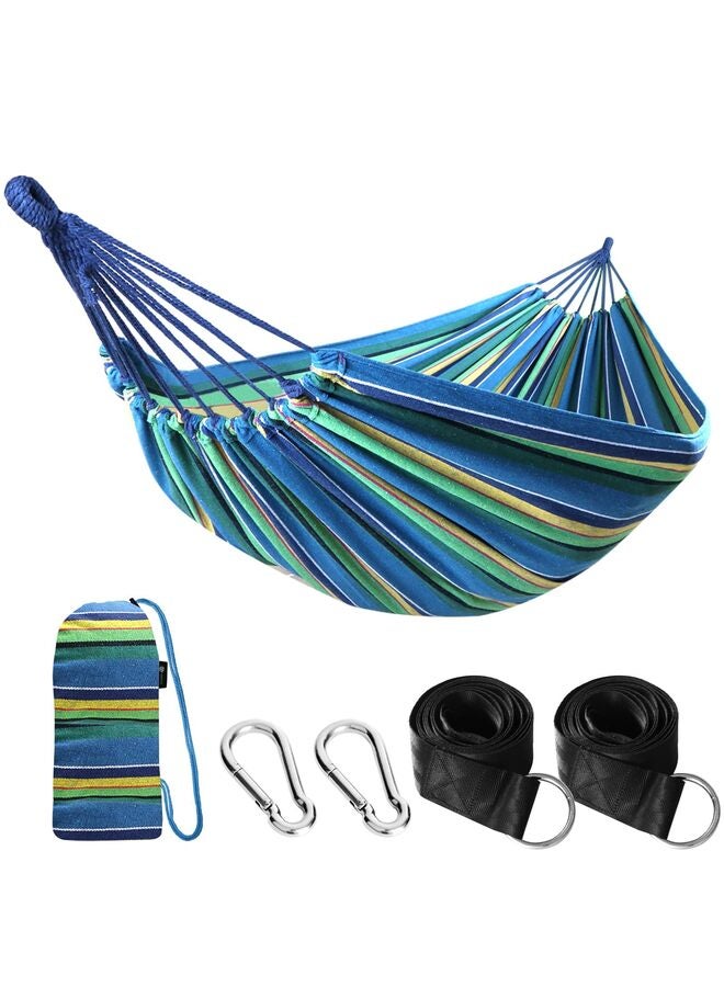 أرجوحة تخييم محمولة، أرجوحة قماشية متينة ومريحة للتعليق في الحديقة، مزودة بأحزمة تثبيت للأشجار، تتحمل وزنًا يصل إلى 200 كجم، مع حقيبة سفر، مثالية للتخييم في الهواء الطلق، لون أزرق - Image 1