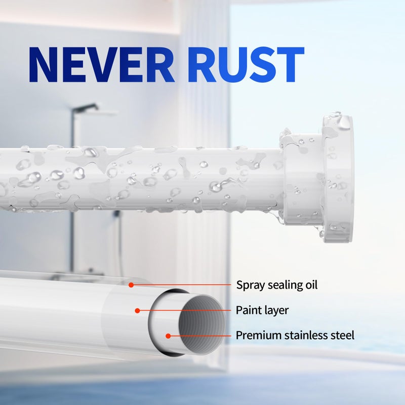 Mcrbeay Shower Curtain Rod, 1" Diameter Heavy Duty Tension Shower Rod, Non Slip Adjustable 28-74 inch No Drill Shower Curtain Rods Spring Tension For Bathroom, Shower Stall, No Rust, White - Image 2
