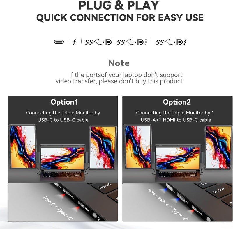 RIITEK 15.6" Portable Tri Screen Monitor, FHD 1080P IPS Screen Extender Portable Monitor for 13.6"-17.3” Laptops, Travel Laptop Screen Extender with USB-C&HDMI, for Windows, Mac - Image 4
