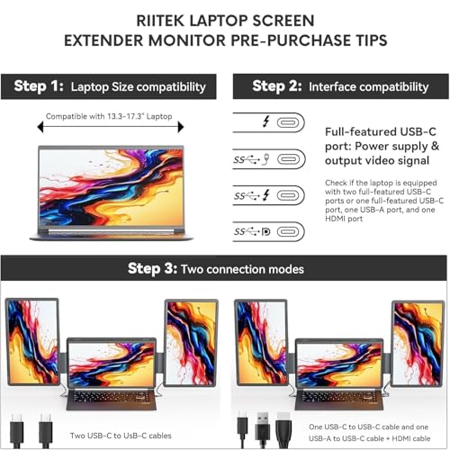 RIITEK 15.6" Portable Tri Screen Monitor, FHD 1080P IPS Screen Extender Portable Monitor for 13.6"-17.3” Laptops, Travel Laptop Screen Extender with USB-C&HDMI, for Windows, Mac - Image 5