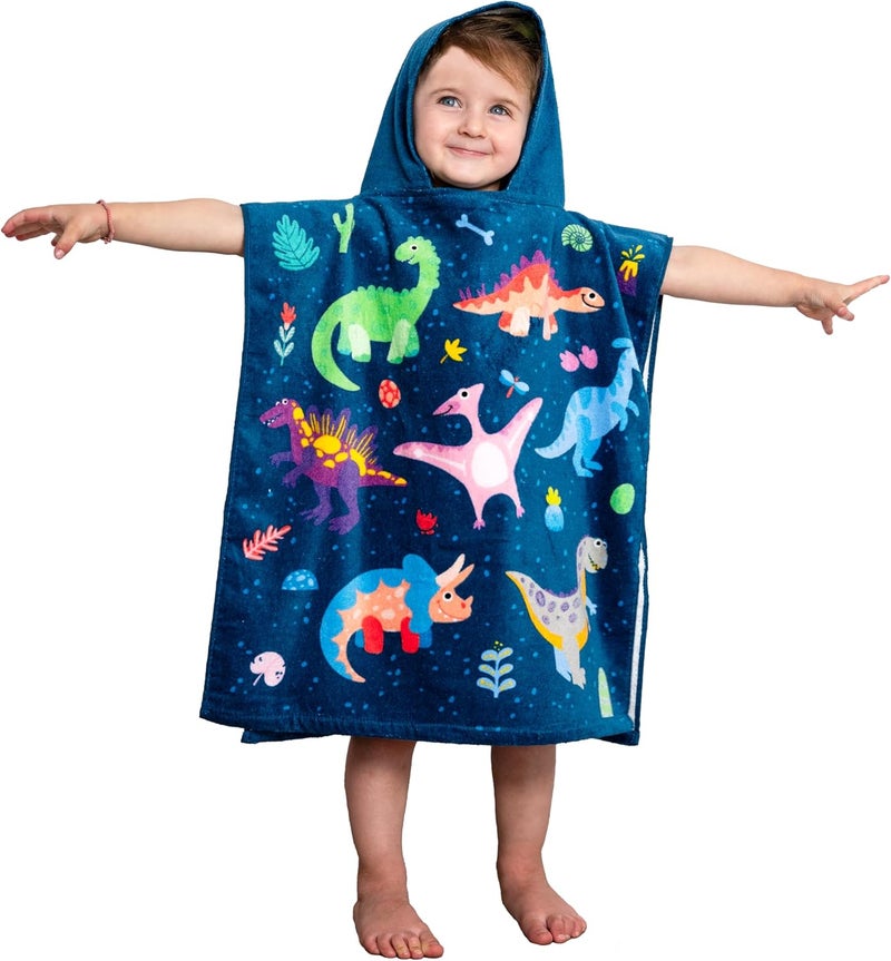 Theonoi Children's Poncho Bath Poncho Hooded Towel / Bathrobe Hand Towel Shower Towel Beach Towel Bath Towel with Hood for Boys and Girls 100% Cotton (Dinosaur) - Image 1