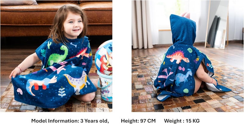 Theonoi Children's Poncho Bath Poncho Hooded Towel / Bathrobe Hand Towel Shower Towel Beach Towel Bath Towel with Hood for Boys and Girls 100% Cotton (Dinosaur) - Image 2