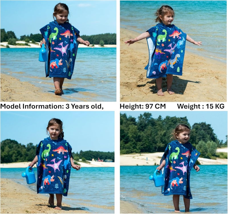 Theonoi Children's Poncho Bath Poncho Hooded Towel / Bathrobe Hand Towel Shower Towel Beach Towel Bath Towel with Hood for Boys and Girls 100% Cotton (Dinosaur) - Image 3