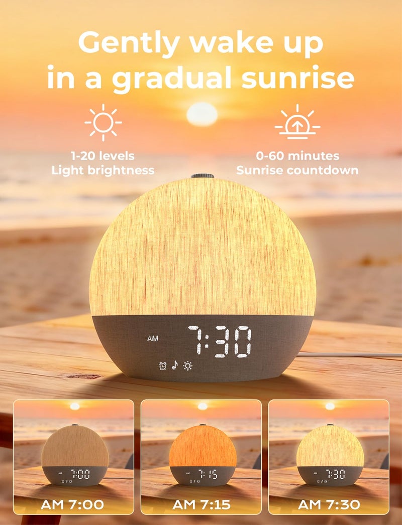 LIORQUE Sunrise Alarm Clock, Digital Alarm Clocks Bedside, 30 Sleep Sounds, Sleep Timer, Adjustable Volume & Brightness,Screen Free Design, Bluetooth, Wake up Light with White Noise for Heavy Sleepers - Image 3