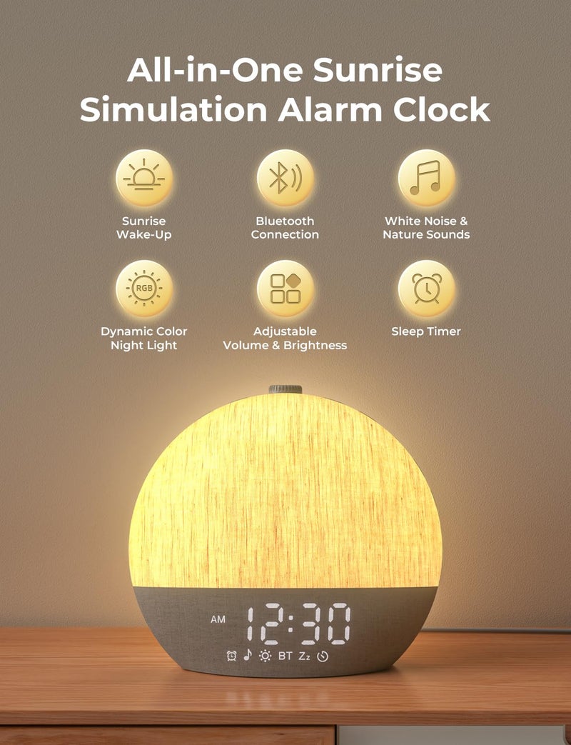 LIORQUE Sunrise Alarm Clock, Digital Alarm Clocks Bedside, 30 Sleep Sounds, Sleep Timer, Adjustable Volume & Brightness,Screen Free Design, Bluetooth, Wake up Light with White Noise for Heavy Sleepers - Image 2