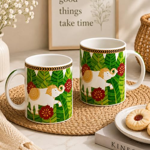 KITTENS® Ceramic Coffee Mug Set of 2 (300ml Each) | Microwave & Dishwasher Safe | Elephant Print Designer Cups for Coffee & Tea | Premium Gift & Daily Use Mug Set - Image 1