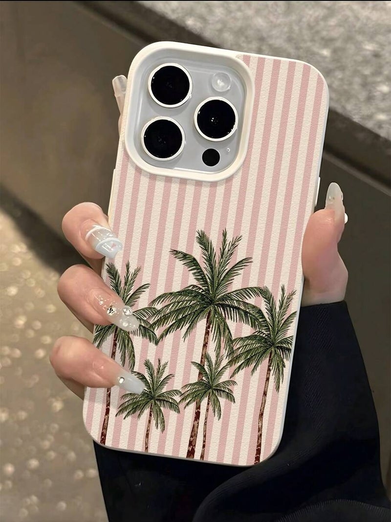1PC TPU Shockproof Phone Case Creative Coconut Tree Pink Stripes Cute Pattern Leopard Texture Full Coverage for iPhone 11 12 13 14 15 16 17 Pro Max & A55/54/53/52/51 & S25/24/23/22/21 Series Protective Cover - iPhone 16 Size