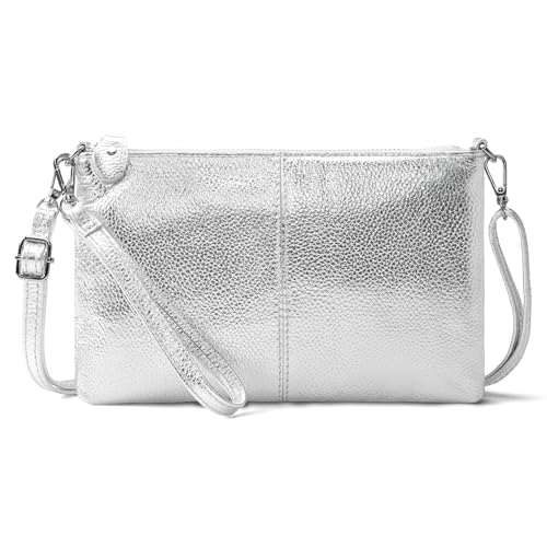 befen Silver Women's Genuine Leather Wristlet Clutch Crossbody Phone Bags Wallet Purses and Handbags for Women with RFID Card Slots, Fit Phone 15 Pro Max - Image 1