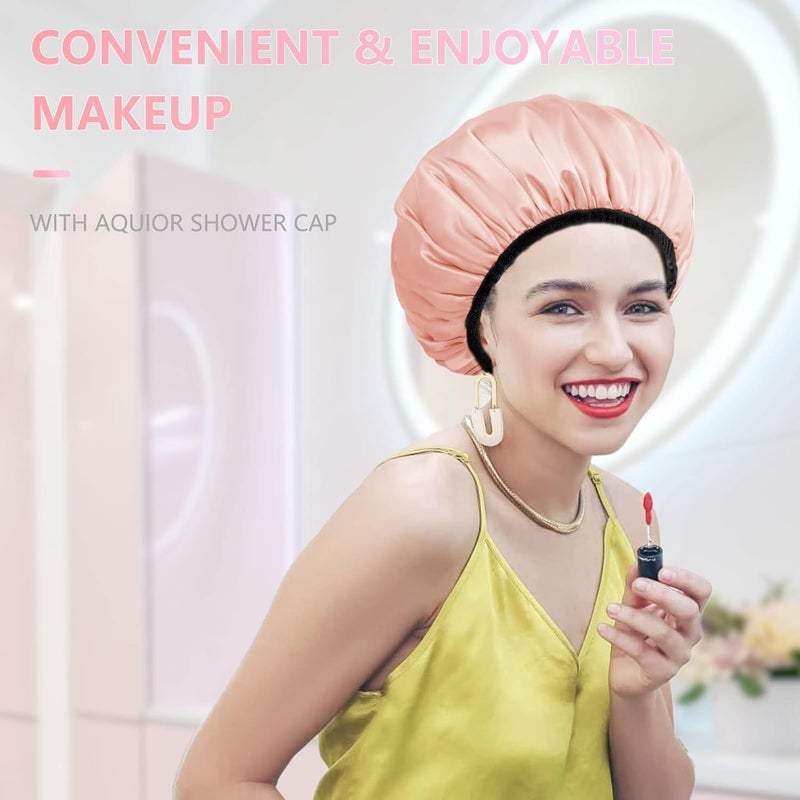 Aquior Shower Cap,Shower Cap for Women Reusable, Triple Layer Waterproof Bath Cap,Silky Satin Outer Layer Terry Lining, Extra Large for Women Long Hair(Champagne) - Image 5