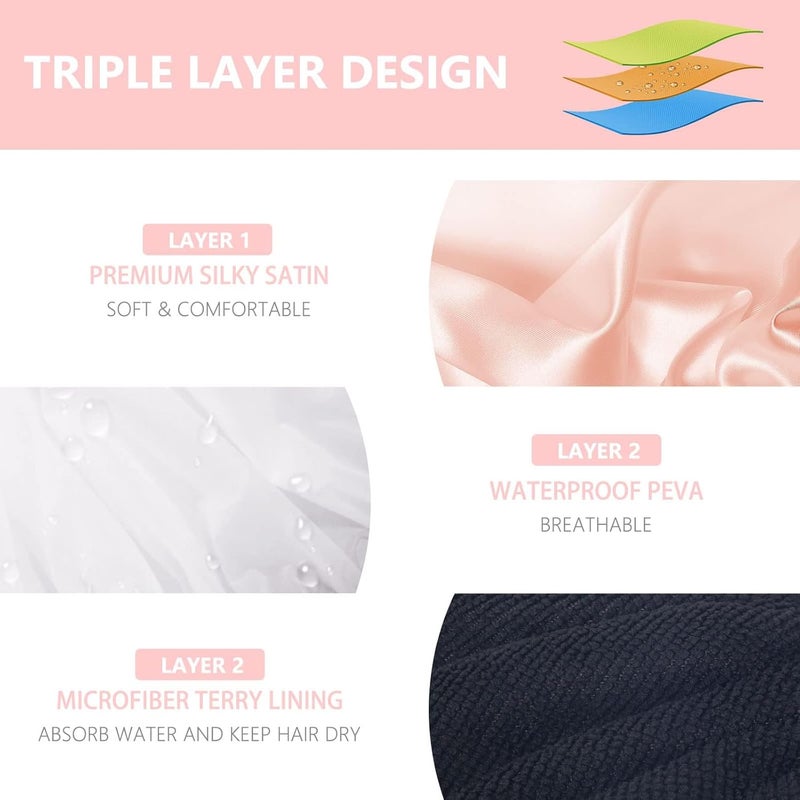 Aquior Shower Cap,Shower Cap for Women Reusable, Triple Layer Waterproof Bath Cap,Silky Satin Outer Layer Terry Lining, Extra Large for Women Long Hair(Champagne) - Image 3