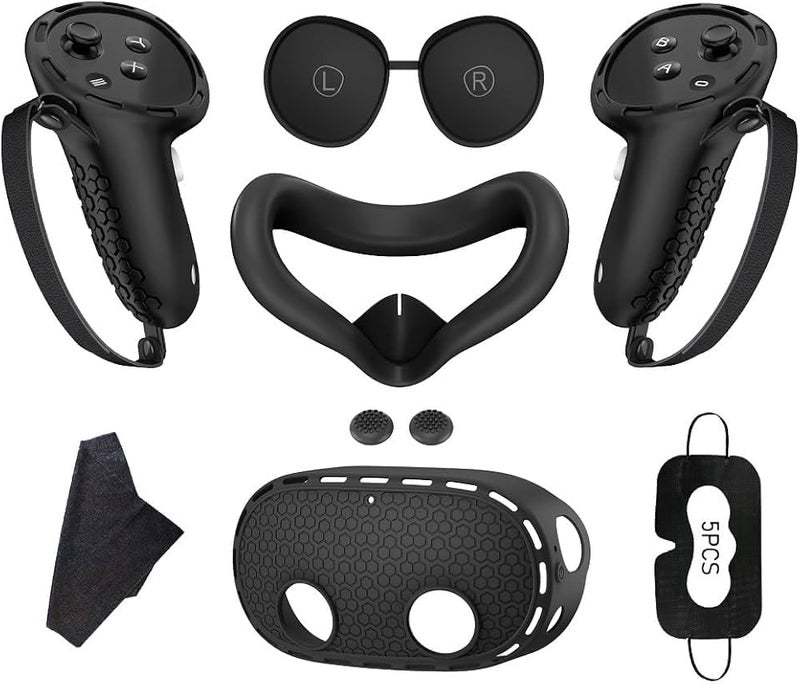 Fekra 7 Pcs VR Accessories Set for Meta Quest 3S, VR Anti-Scratch Protective Kit with Controller Grip Covers, Shell Cover & Anti-Drop Protection (BLACK - CLC)