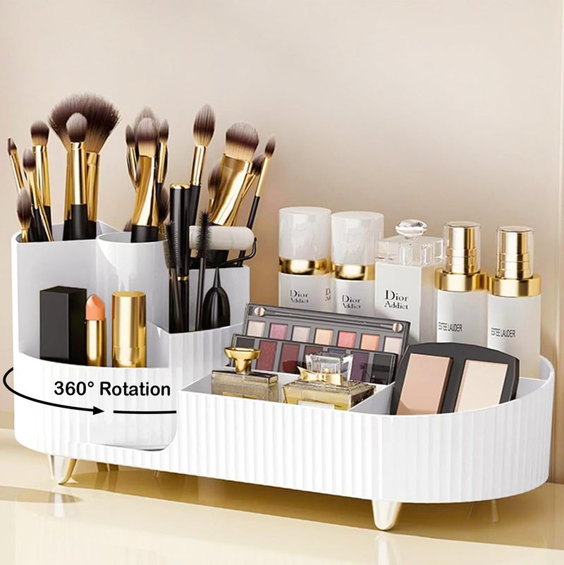 COMFYROOM Rotating Vanity Organizer with Brush Holder, Large Spinning Makeup Skincare & Cosmetic Organizer, Countertop Perfume & Lotions Display Case (White) - Image 1