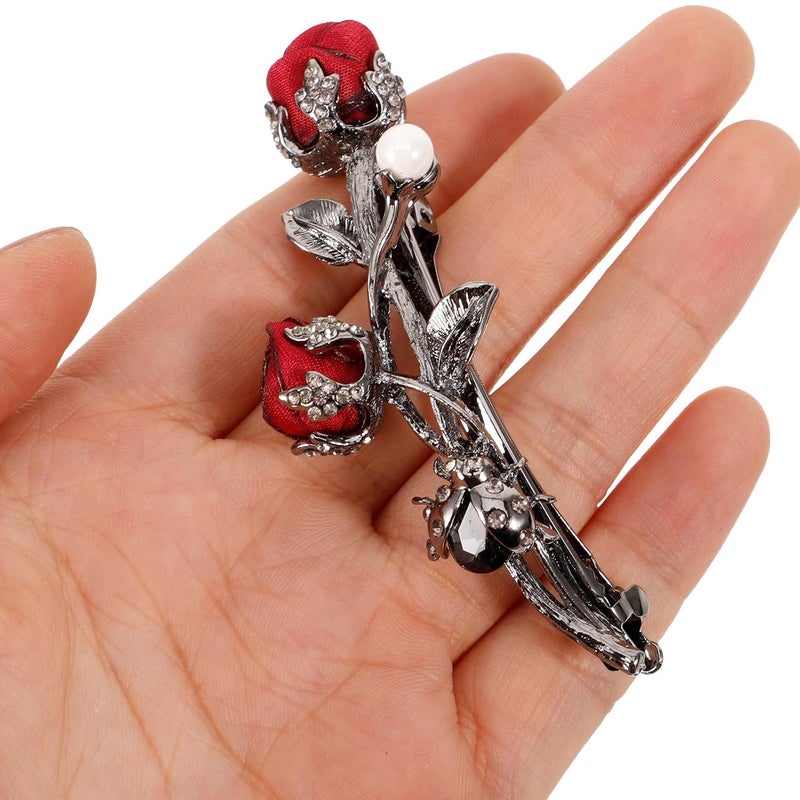 Red Rose Hair Clip Spring Alloy Bobby Pin Rose Hairpin for Women Party Hair Decoration Burgundy - Image 4