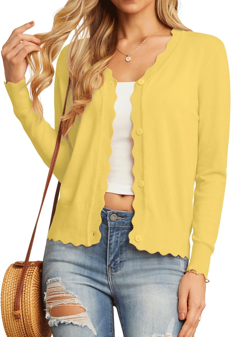 GRECERELLE Women's Long Sleeve V-Neck Button Down Cardigan Knit Shrugs Sweaters, Cheese Yellow, Large - Image 2