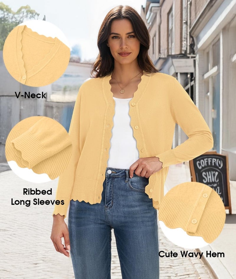 GRECERELLE Women's Long Sleeve V-Neck Button Down Cardigan Knit Shrugs Sweaters, Cheese Yellow, Large - Image 5