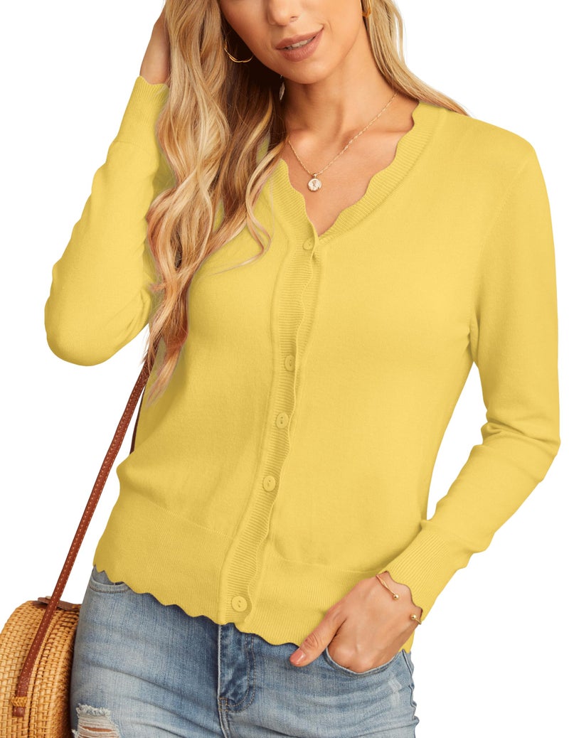 GRECERELLE Women's Long Sleeve V-Neck Button Down Cardigan Knit Shrugs Sweaters, Cheese Yellow, Large - Image 3