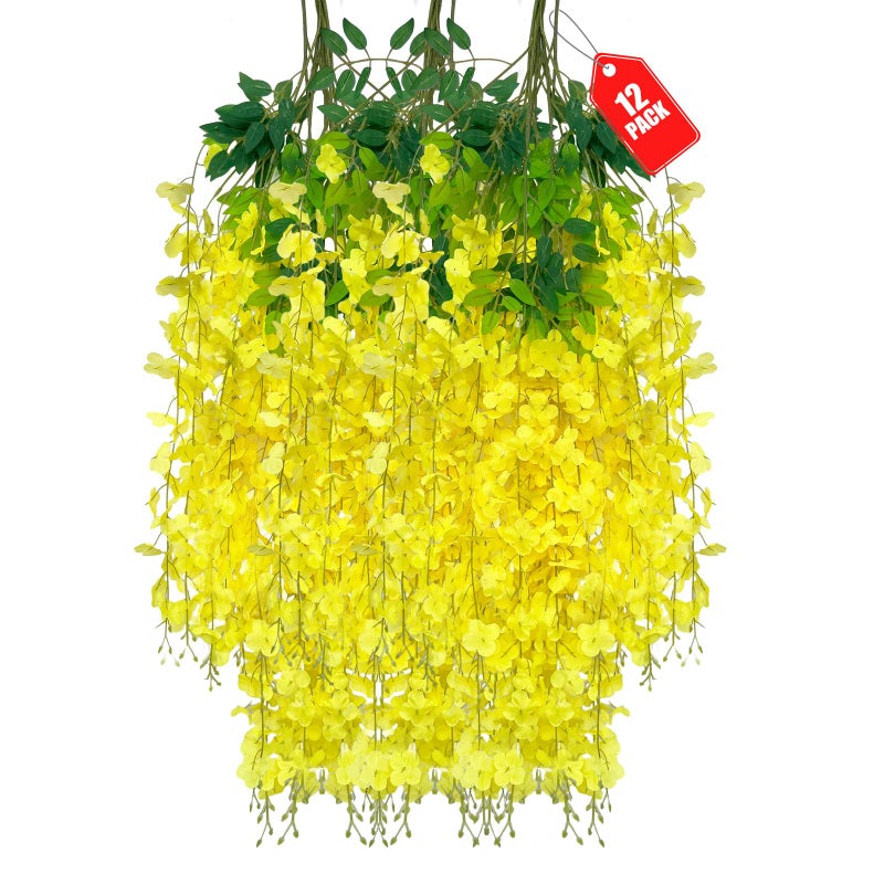 ZEBMOON 12 Pack Yellow Wisteria Hanging Flowers  Yellow 3.77 Ft Fake Hanging Flowers  Yellow Artificial Wisteria Garland  Yellow Wisteria Flower Vines  Yellow Wisteria Garland for Backdrop Decor - Image 1