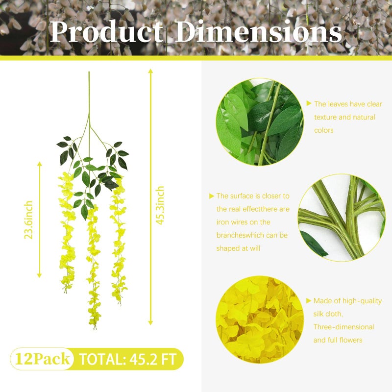 ZEBMOON 12 Pack Yellow Wisteria Hanging Flowers  Yellow 3.77 Ft Fake Hanging Flowers  Yellow Artificial Wisteria Garland  Yellow Wisteria Flower Vines  Yellow Wisteria Garland for Backdrop Decor - Image 3