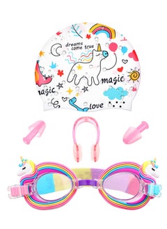 SYOSI Children's Swimming Set, 5 Sets of Children's Silicone Swimming Cap Swimming Goggles Glasses Nose Clip Ear Plugs Cartoon Pink Girls Underwater Glasses Goggles for Children Age 3-12 Years  - Image 1